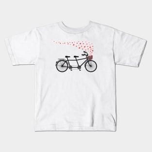 tandem bicycle and flying red hearts for Valentine's day, wedding invitation Kids T-Shirt